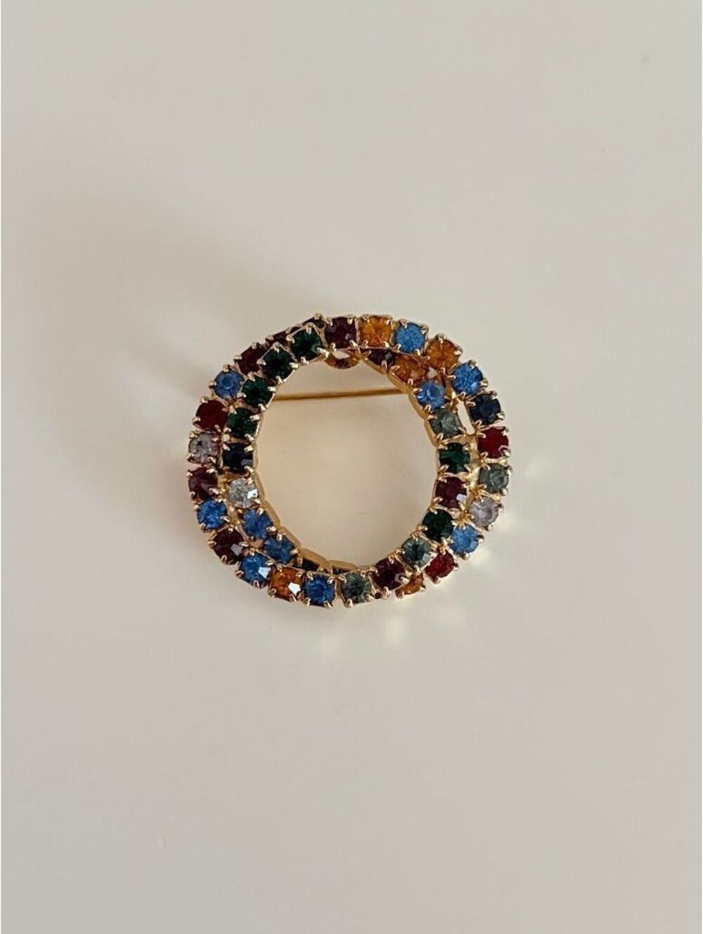 Vtg Infinity Brooch Rhinestone Double Circles Gold Tone Estate Retro